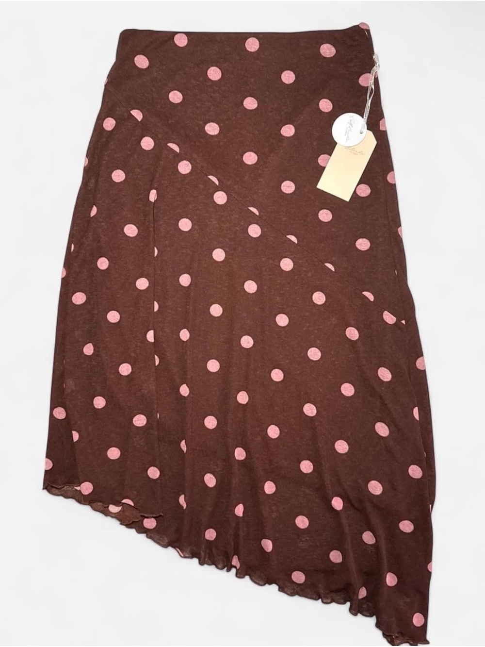 Brown Pink Polka Dot Asymmetrical Midi Skirt Y2K - Size S - NWT